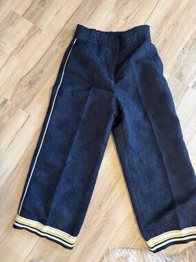 Zara Navy Wide-Leg Kids Pants with Contrast Piping and Striped Hem